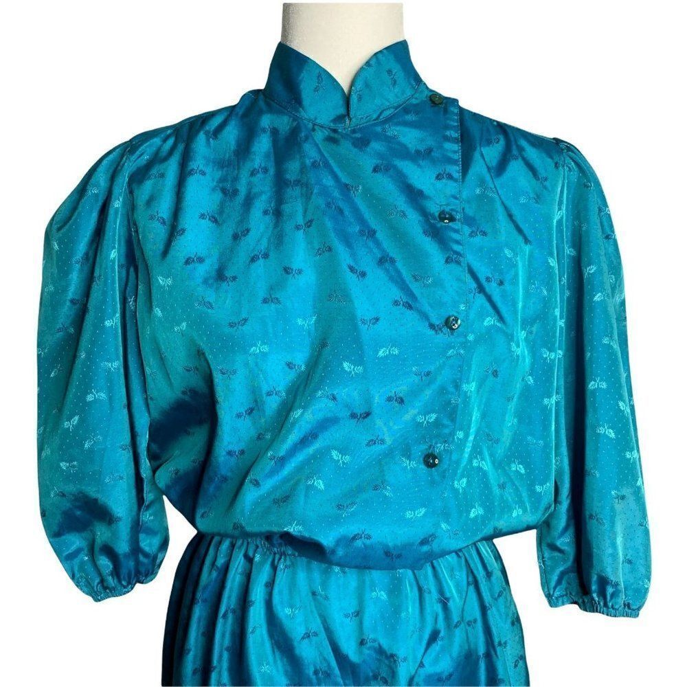 Vintage 80s Button Front Shirt Dress M Blue Floral Puff Sleeves Elastic Waist